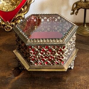 Vintage Beveled Edge Glass & Gold Red Velvet Jewelry Box Footed Casket Trinket